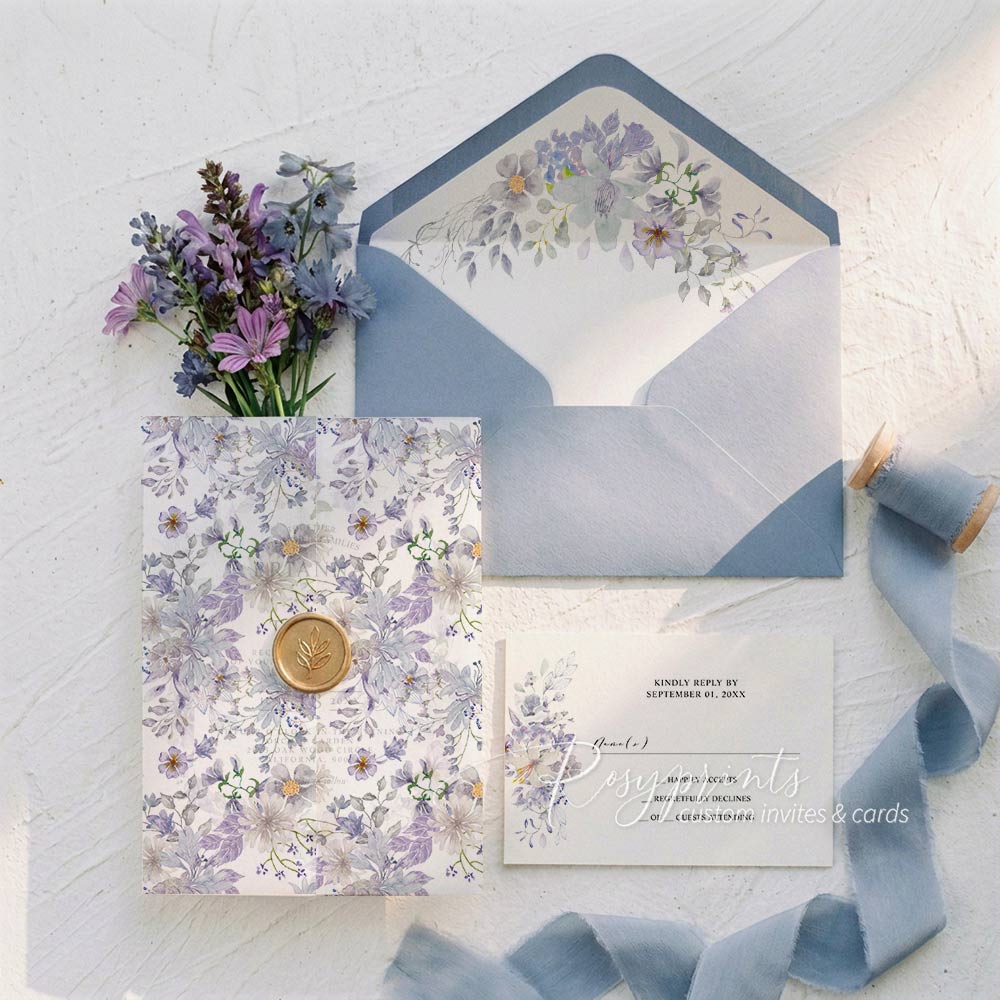 purple wildflower vellum wedding invitations