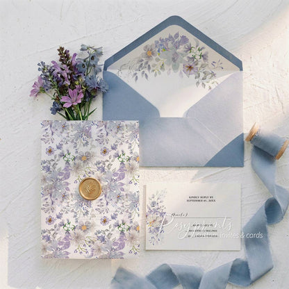 purple wildflower vellum wedding invitations