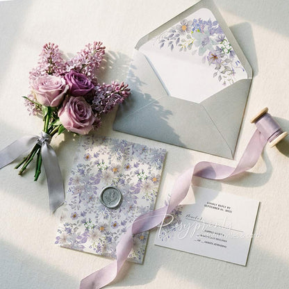 purple wildflower vellum wedding invitations