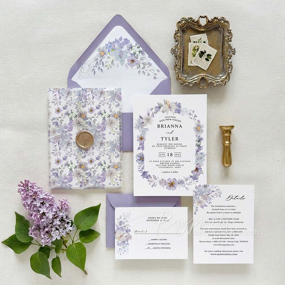 purple wildflower vellum wedding invitations