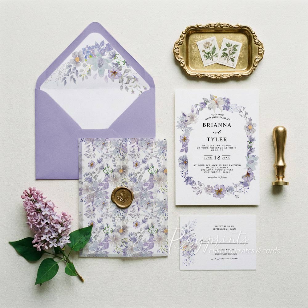 purple wildflower vellum wedding invitations