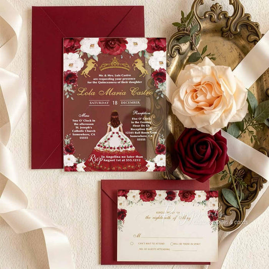 red Spanish charro acrylic quinceanera invitations ROSYA48