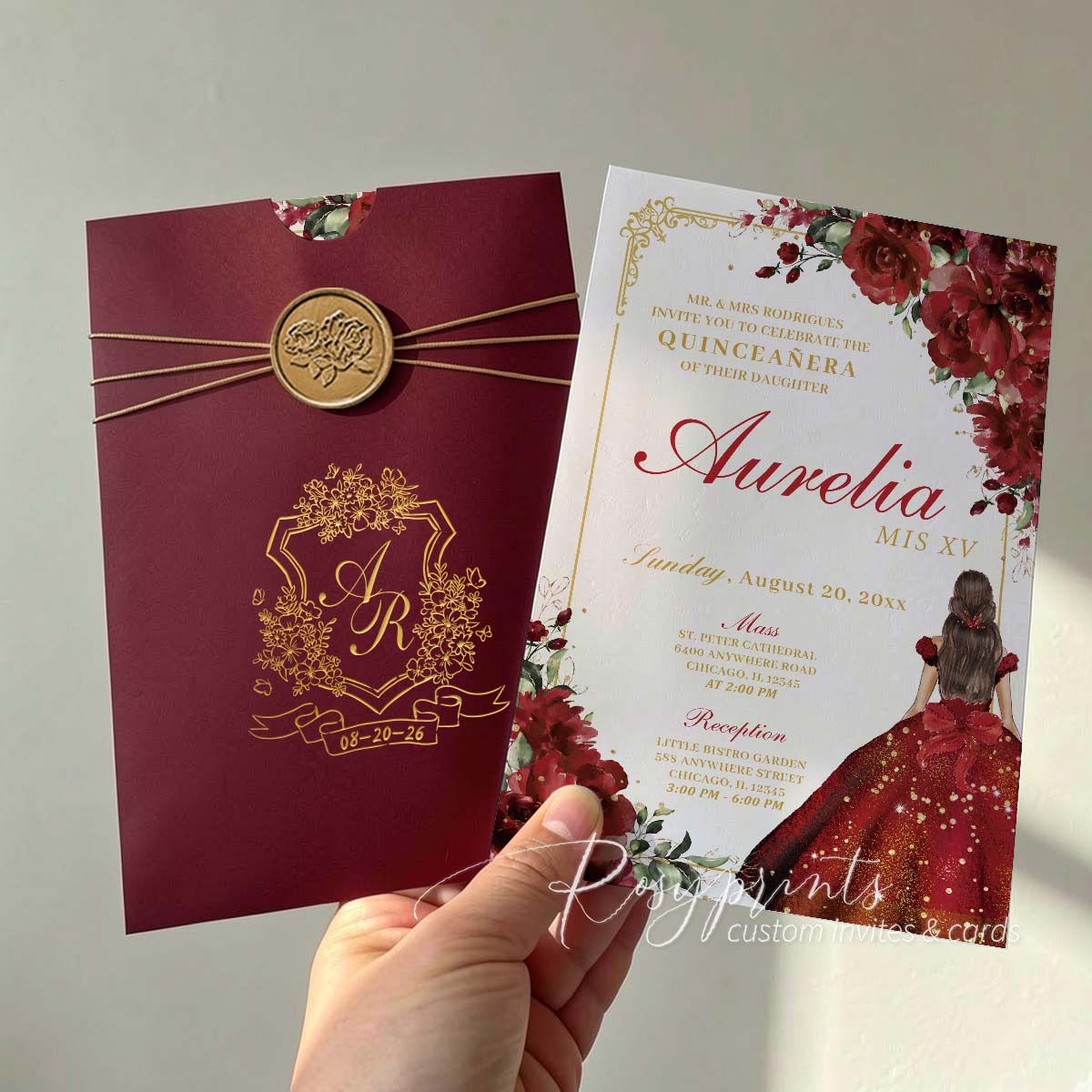 red and gold foil roses birthday party invitations