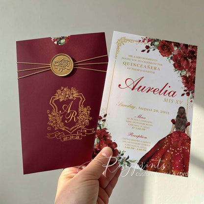 red and gold foil roses birthday party invitations