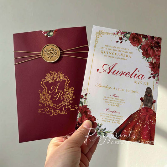 red and gold foil roses birthday party invitations