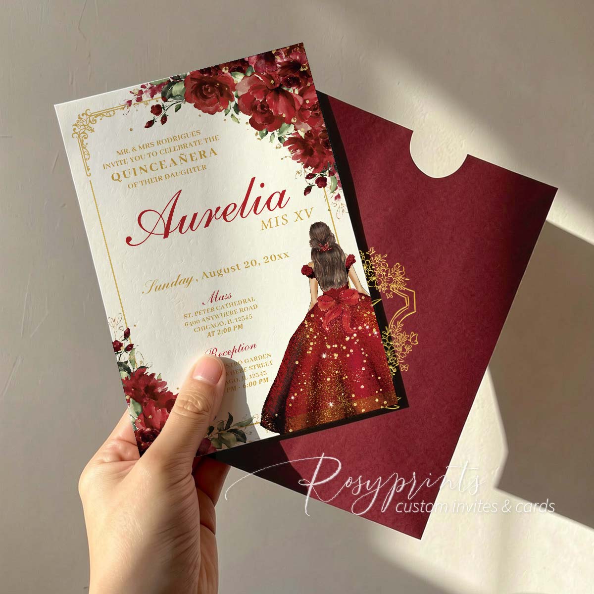 red and gold foil roses birthday party invitations