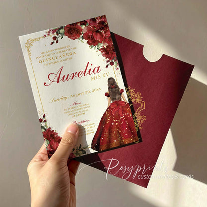 red and gold foil roses birthday party invitations