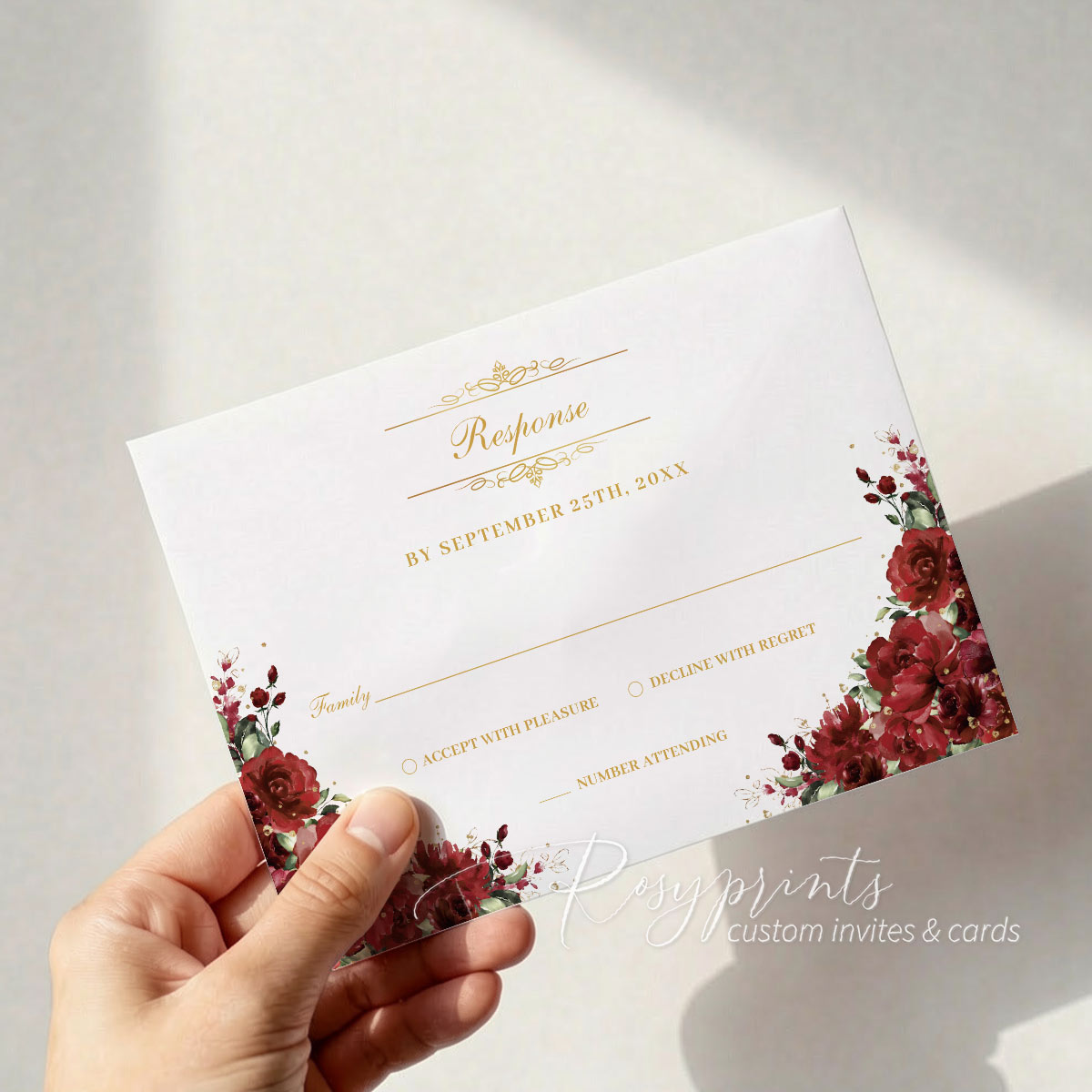 red and gold foil roses birthday party invitations