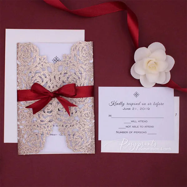 red and gold rose glitter wedding invitations ROSYG12 - Rosy Prints