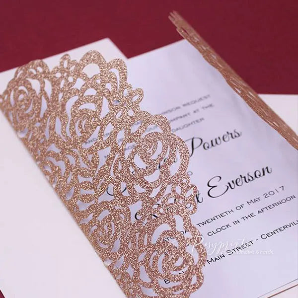 red and gold rose glitter wedding invitations ROSYG12 - Rosy Prints
