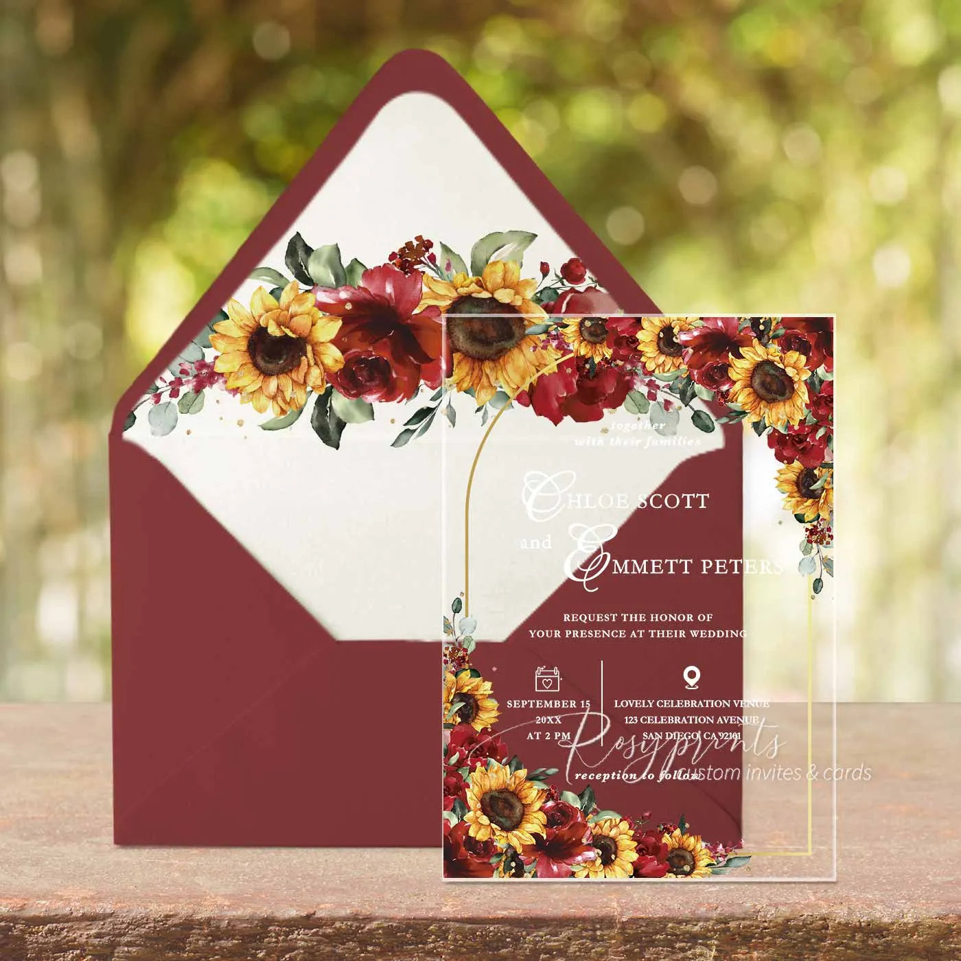 red roses and sunflower rustic acrylic wedding invitations ROSYA120
