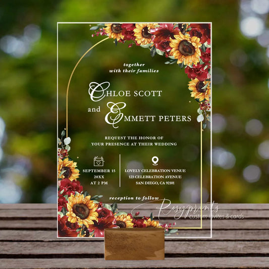 red roses and sunflower rustic acrylic wedding invitations ROSYA120
