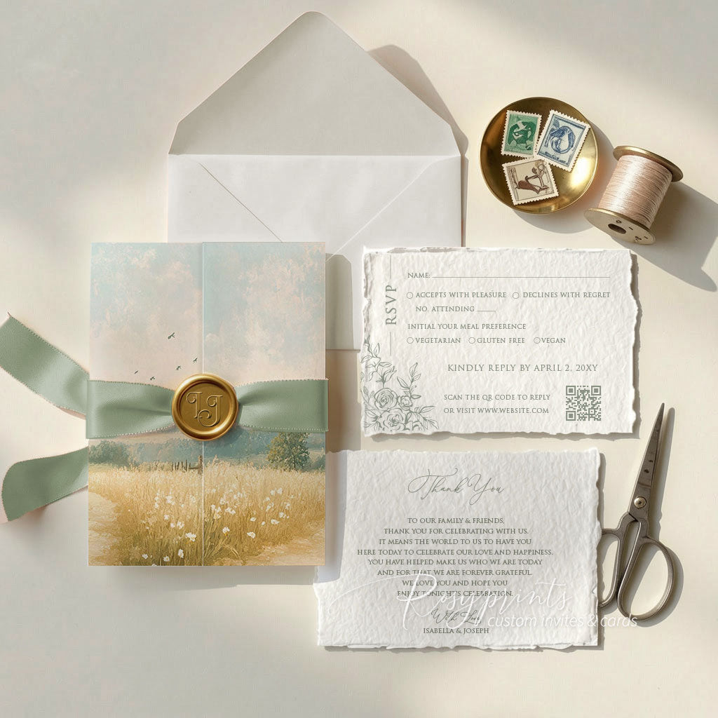 roses and sage green embossed wedding invitations