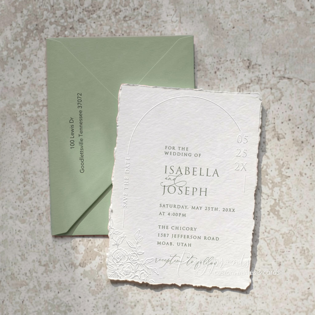 roses and sage green embossed wedding invitations