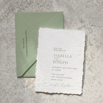 roses and sage green embossed wedding invitations