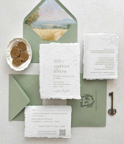 roses and sage green embossed wedding invitations
