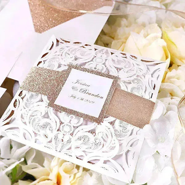 rose gold and white pocket wedding invitations ROSYP09 - Rosy Prints