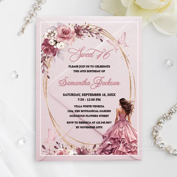 dusty pink rose gold acrylic sweet 16 invitations ROSYA89 - Rosy Prints
