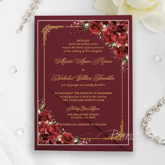 elegant red and gold acrylic wedding invitations ROSYA80 - Rosy Prints