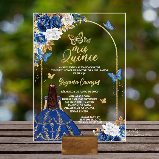 royal blue and gold acrylic quinceanera invitations