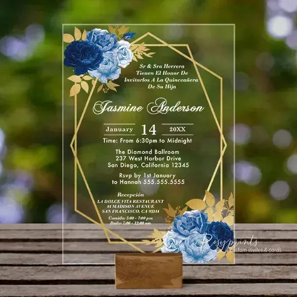 royal blue floral quinceanera acrylic invitations ROSYA33 - Rosy Prints