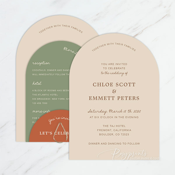 minimalist rustic earth tone arch wedding invitations