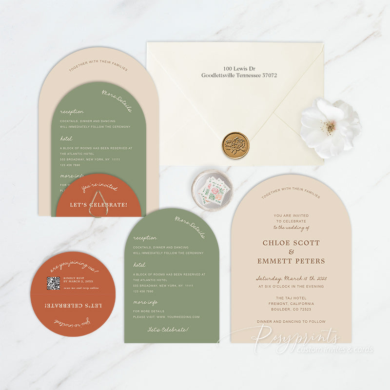 minimalist rustic earth tone arch wedding invitations