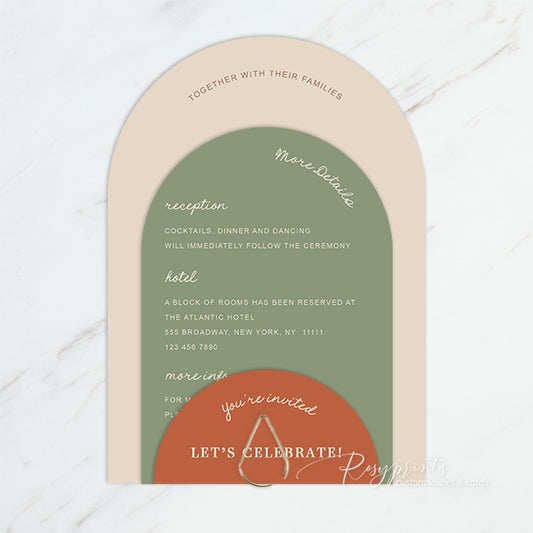minimalist rustic earth tone arch wedding invitations