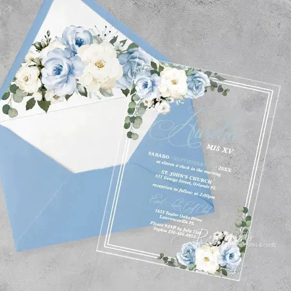 light blue Spanish acrylic quinceanera invitations ROSYA57 - Rosy Prints