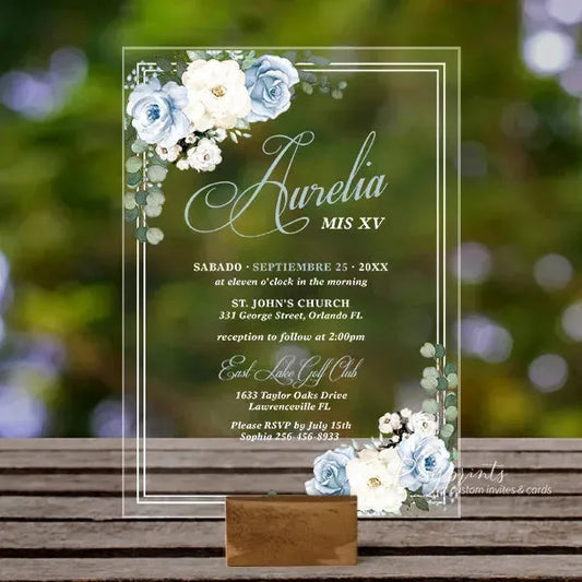 light blue Spanish acrylic quinceanera invitations ROSYA57 - Rosy Prints