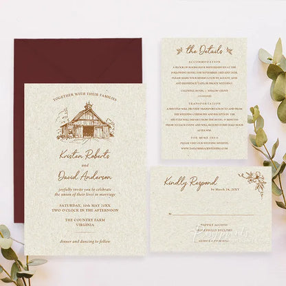 hand drawn country rustic barn wedding invitations