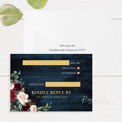 rustic navy blue and burgundy wedding invitations RPFLAT04 - Rosy Prints