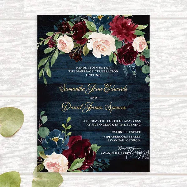 rustic navy blue and burgundy wedding invitations RPFLAT04 - Rosy Prints