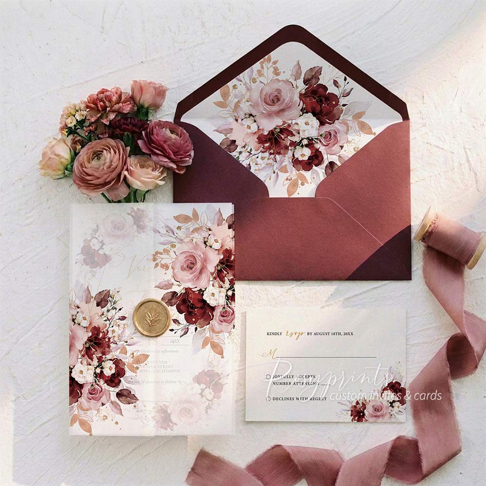 rustic burgundy dusty rose vellum jacket wedding invitations
