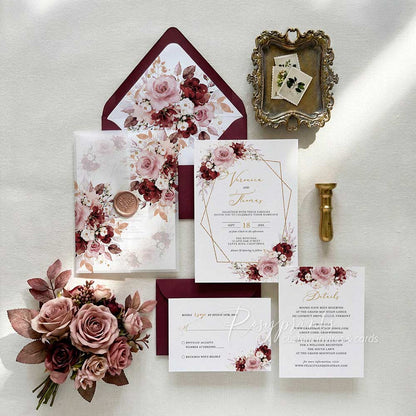 rustic burgundy dusty rose vellum jacket wedding invitations