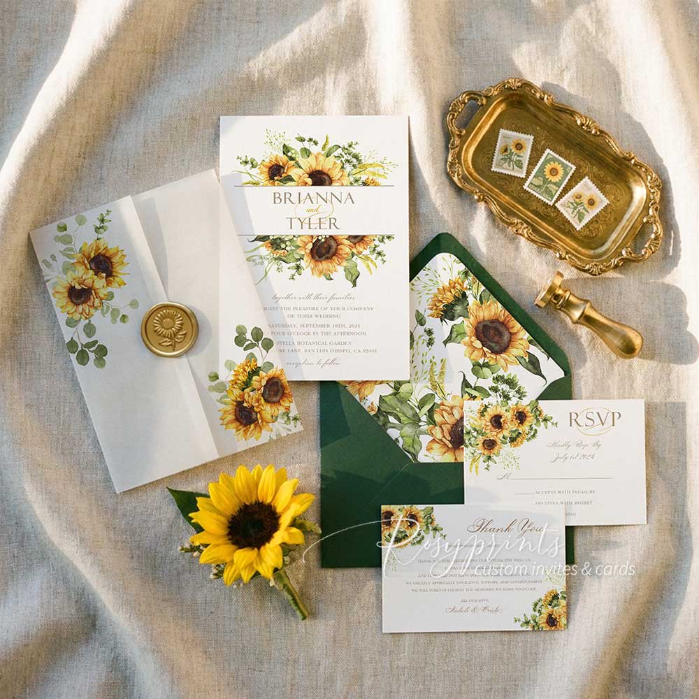 rustic country sunflower vellum wedding invitations