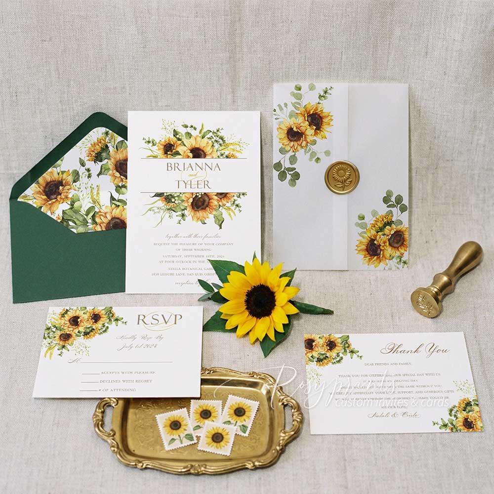 rustic country sunflower vellum wedding invitations