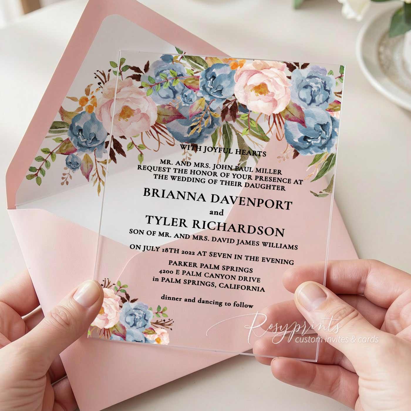 rustic blue and pink floral acrylic wedding invitations ROSYA73