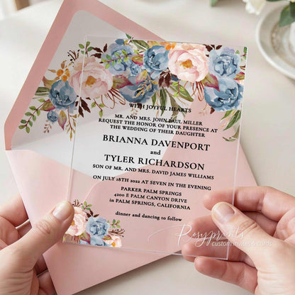 rustic blue and pink floral acrylic wedding invitations ROSYA73