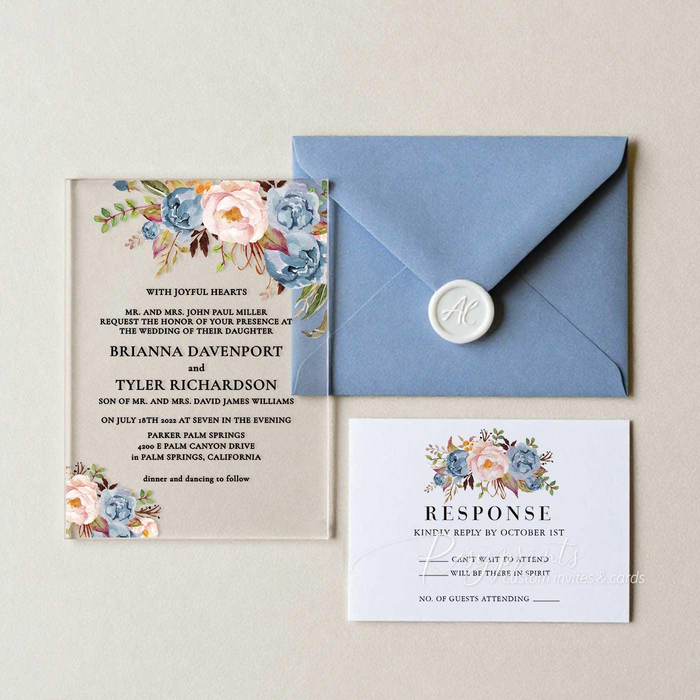 rustic blue and pink floral acrylic wedding invitations