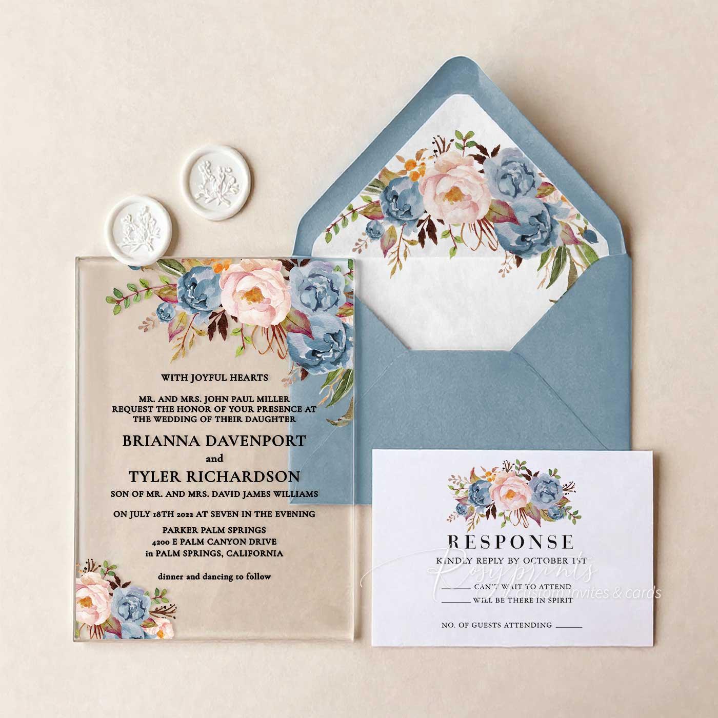 rustic blue and pink floral acrylic wedding invitations