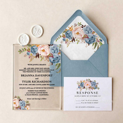 rustic blue and pink floral acrylic wedding invitations
