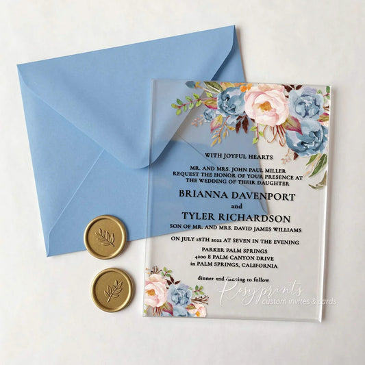 rustic blue and pink floral acrylic wedding invitations