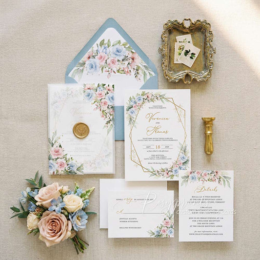 rustic dusty blue dusty rose vellum floral wedding invitations