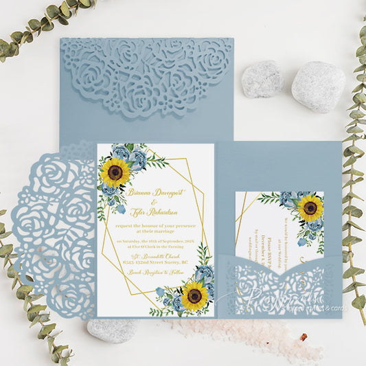 rustic light blue and yellow sunflower wedding invitations