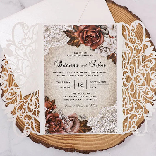terracotta fall rustic wedding invitations with lace and burlap