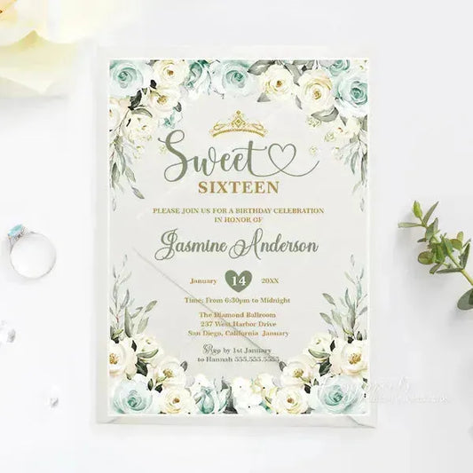 sage green quince invitations acrylic sweet 16 ROSYA65 - Rosy Prints