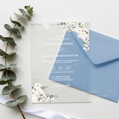 sage green and white clear acrylic wedding invitation