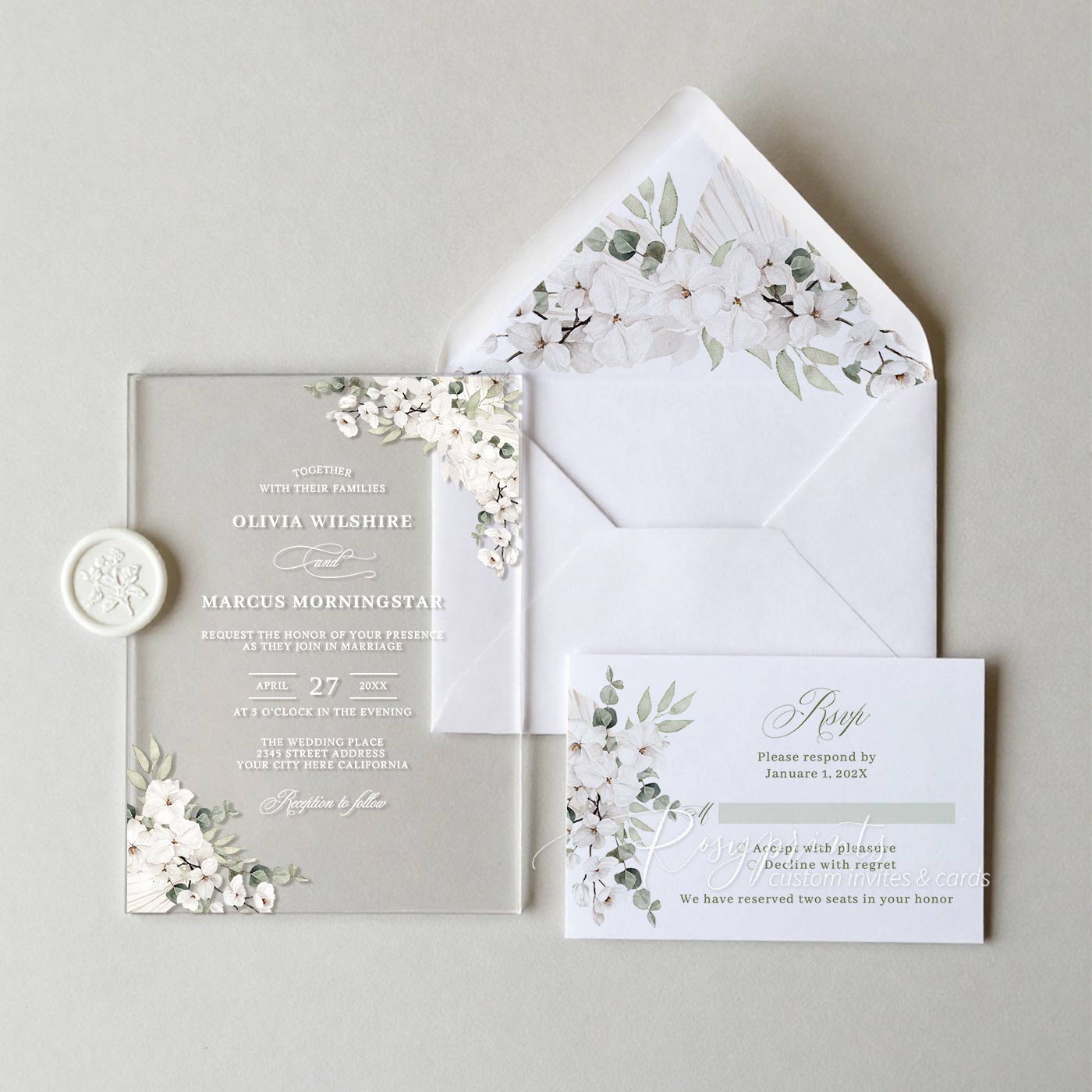 sage green and white clear acrylic wedding invitation