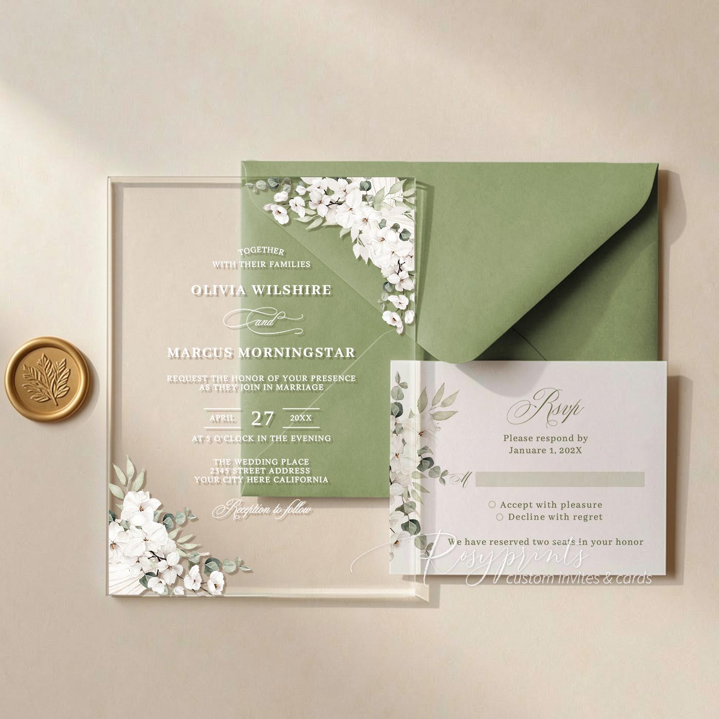 sage green and white clear acrylic wedding invitation